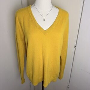 Boden 100% Cashmere Sweater Women US8 Yellow V Neck Lightweight Knit Pullover